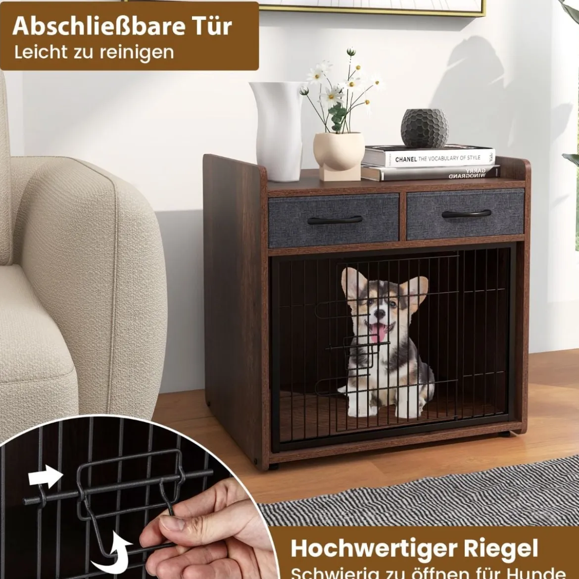2 in 1 Hundekäfig Beistelltisch mit Abschließbarer Tür & 2 Stoffschubladen Tierkäfig Hundebox