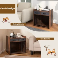 2 in 1 Hundekäfig Beistelltisch mit Abschließbarer Tür & 2 Stoffschubladen Tierkäfig Hundebox