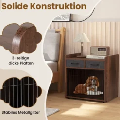 2 in 1 Hundekäfig Beistelltisch mit Abschließbarer Tür & 2 Stoffschubladen Tierkäfig Hundebox