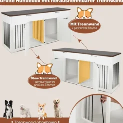 3 in 1 Hundekäfig mit 2 Türen & 2 Schubladen & Trennwand Hundebox im Möbelstil Weiß