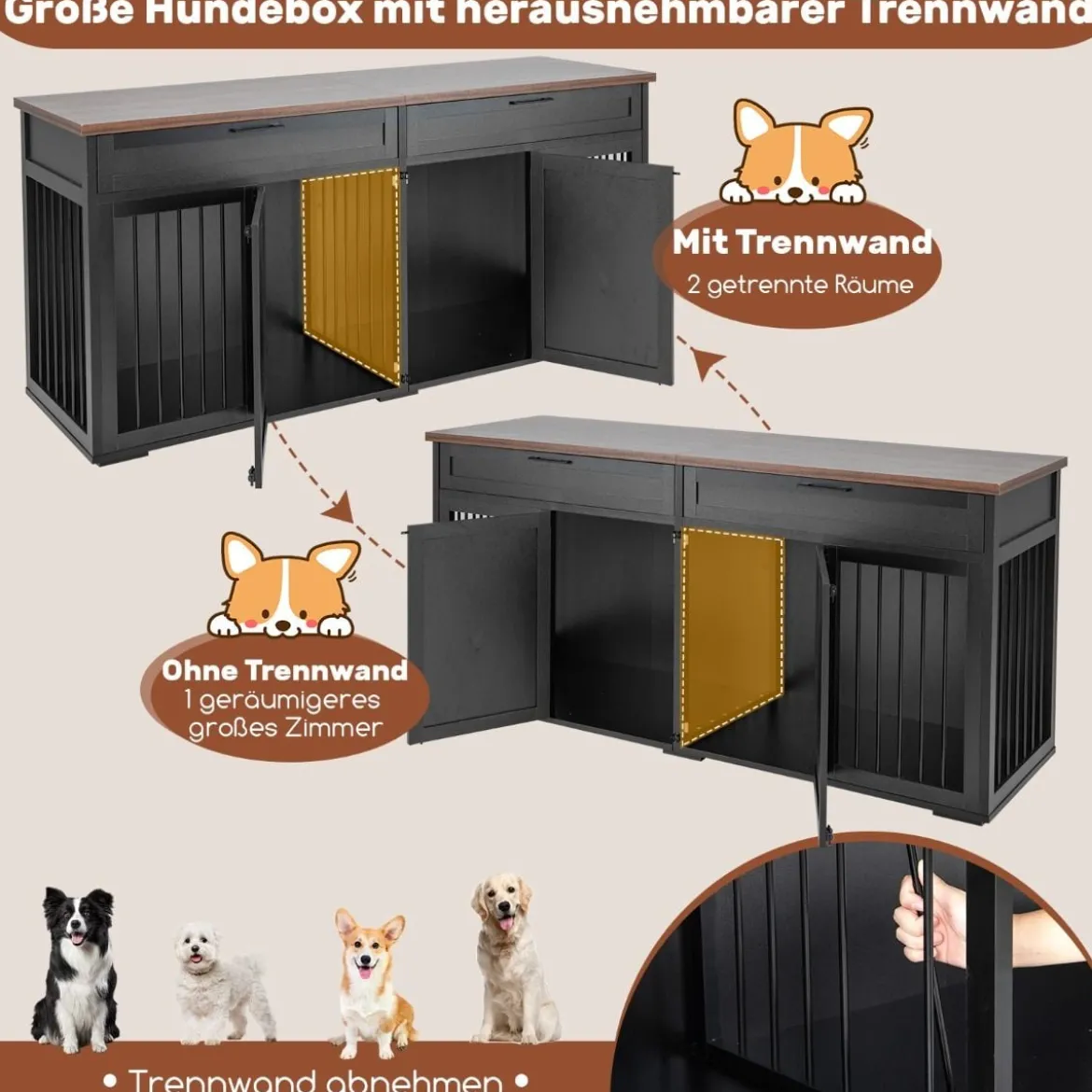 3 in 1 Hundekäfig mit 2 Türen & 2 Schubladen & Trennwand Hundebox im Möbelstil Schwarz