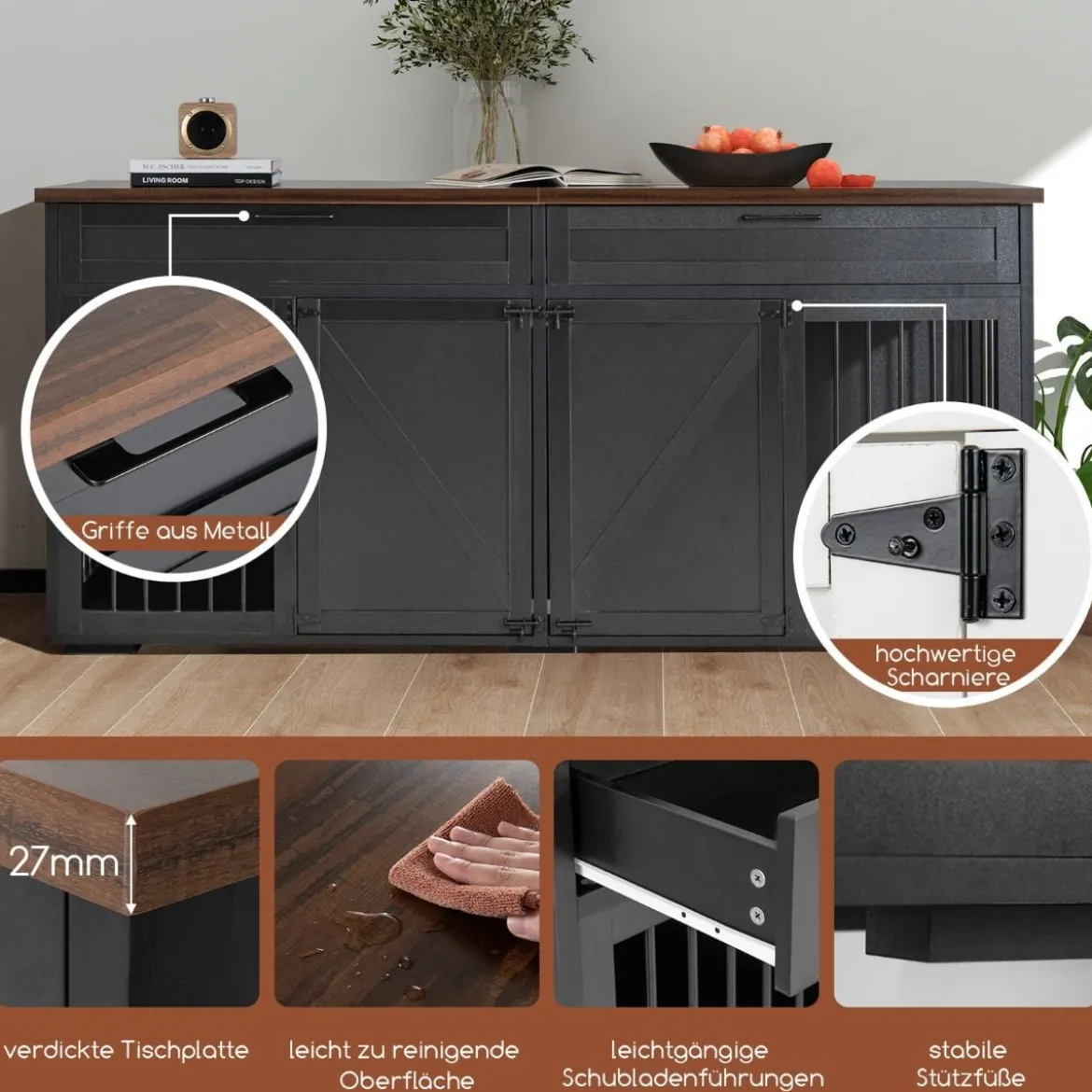 3 in 1 Hundekäfig mit 2 Türen & 2 Schubladen & Trennwand Hundebox im Möbelstil Schwarz