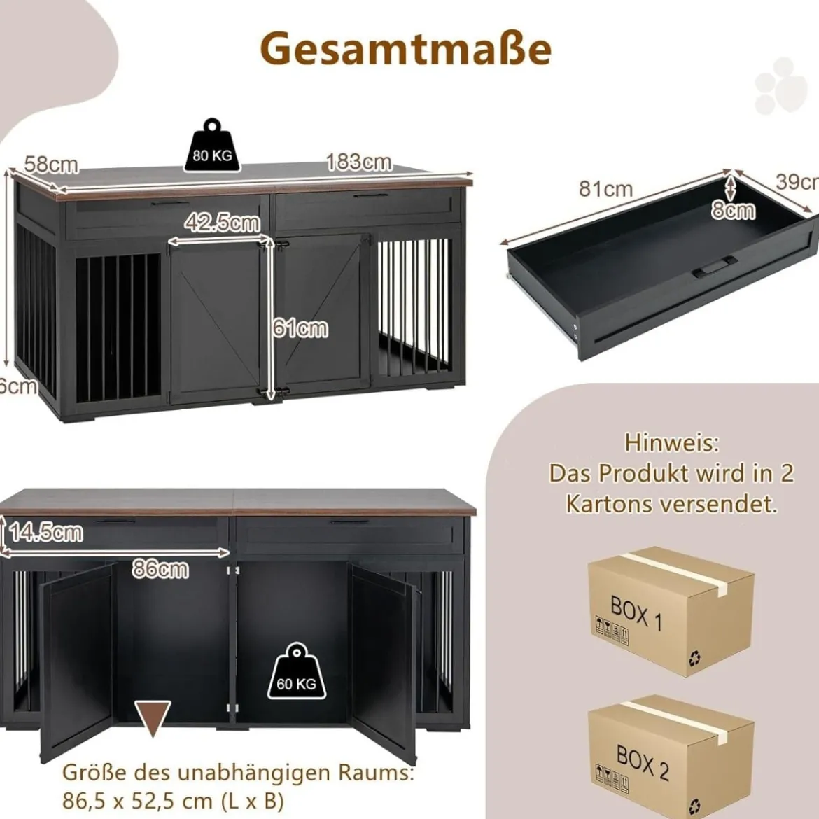 3 in 1 Hundekäfig mit 2 Türen & 2 Schubladen & Trennwand Hundebox im Möbelstil Schwarz