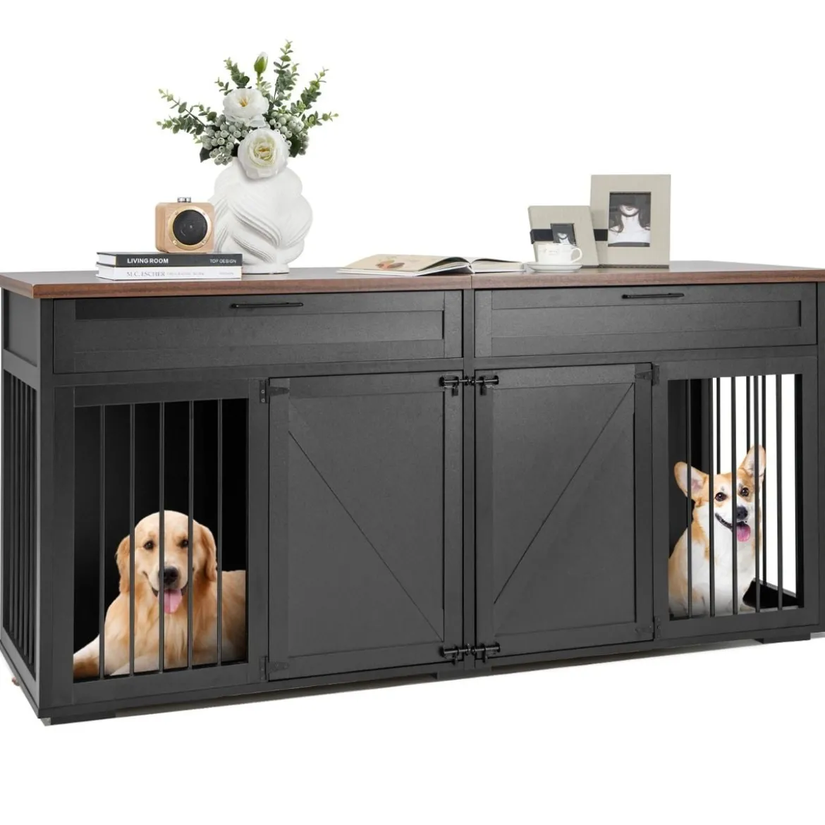 3 in 1 Hundekäfig mit 2 Türen & 2 Schubladen & Trennwand Hundebox im Möbelstil Schwarz