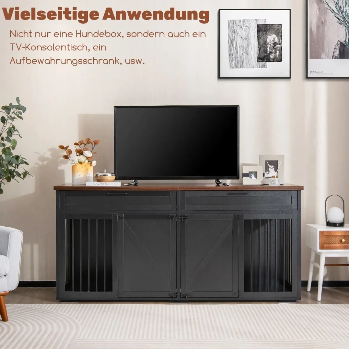 3 in 1 Hundekäfig mit 2 Türen & 2 Schubladen & Trennwand Hundebox im Möbelstil Schwarz