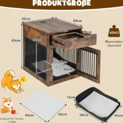 2 in 1 Hundekäfig Nachttish mit Ladestation & abschließbarer Tür & Schublade Braun
