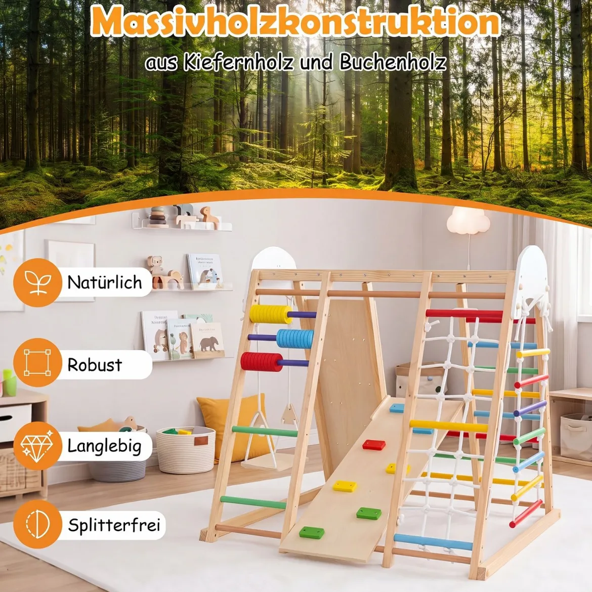 8 in 1 Indoor Klettergerüst aus Holz für Kinder ab 3 Jahren Klappbares Kletterspielzeug Set Bunt