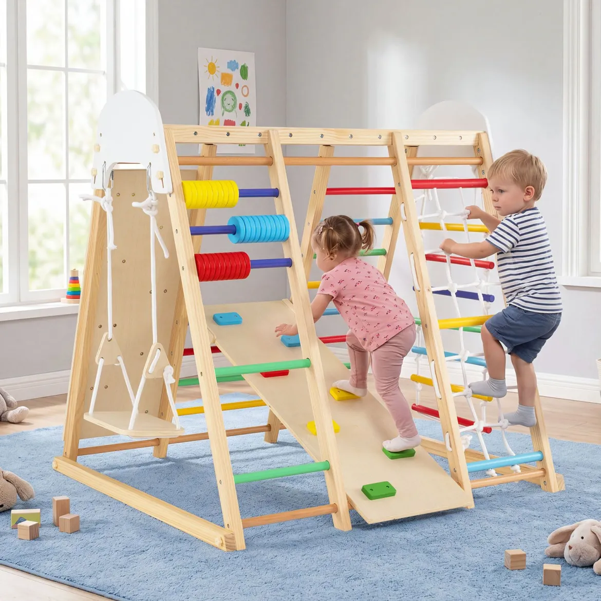 8 in 1 Indoor Klettergerüst aus Holz für Kinder ab 3 Jahren Klappbares Kletterspielzeug Set Bunt