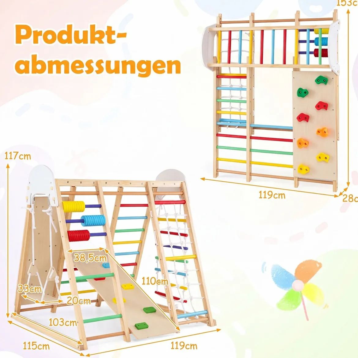 8 in 1 Indoor Klettergerüst aus Holz für Kinder ab 3 Jahren Klappbares Kletterspielzeug Set Bunt