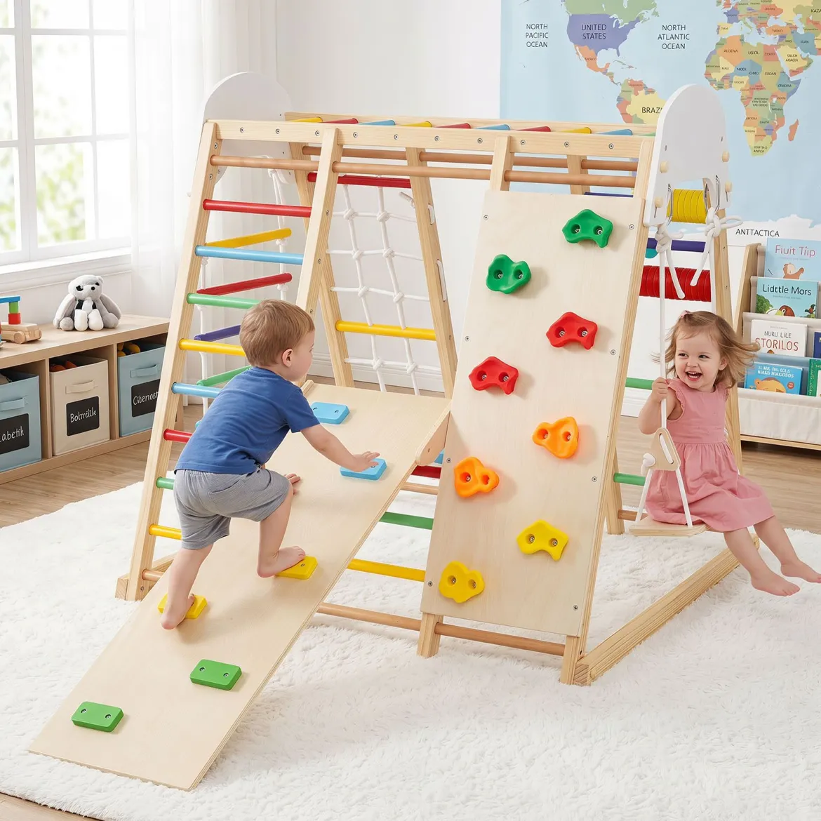 8 in 1 Indoor Klettergerüst aus Holz für Kinder ab 3 Jahren Klappbares Kletterspielzeug Set Bunt