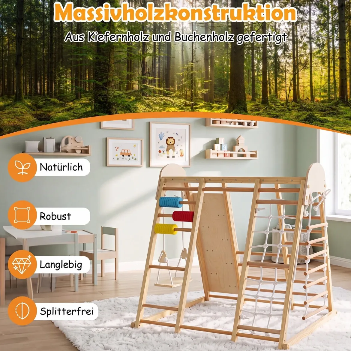 8 in 1 Indoor Klettergerüst aus Holz für Kinder ab 3 Jahren Klappbares Kletterspielzeug Set Natur