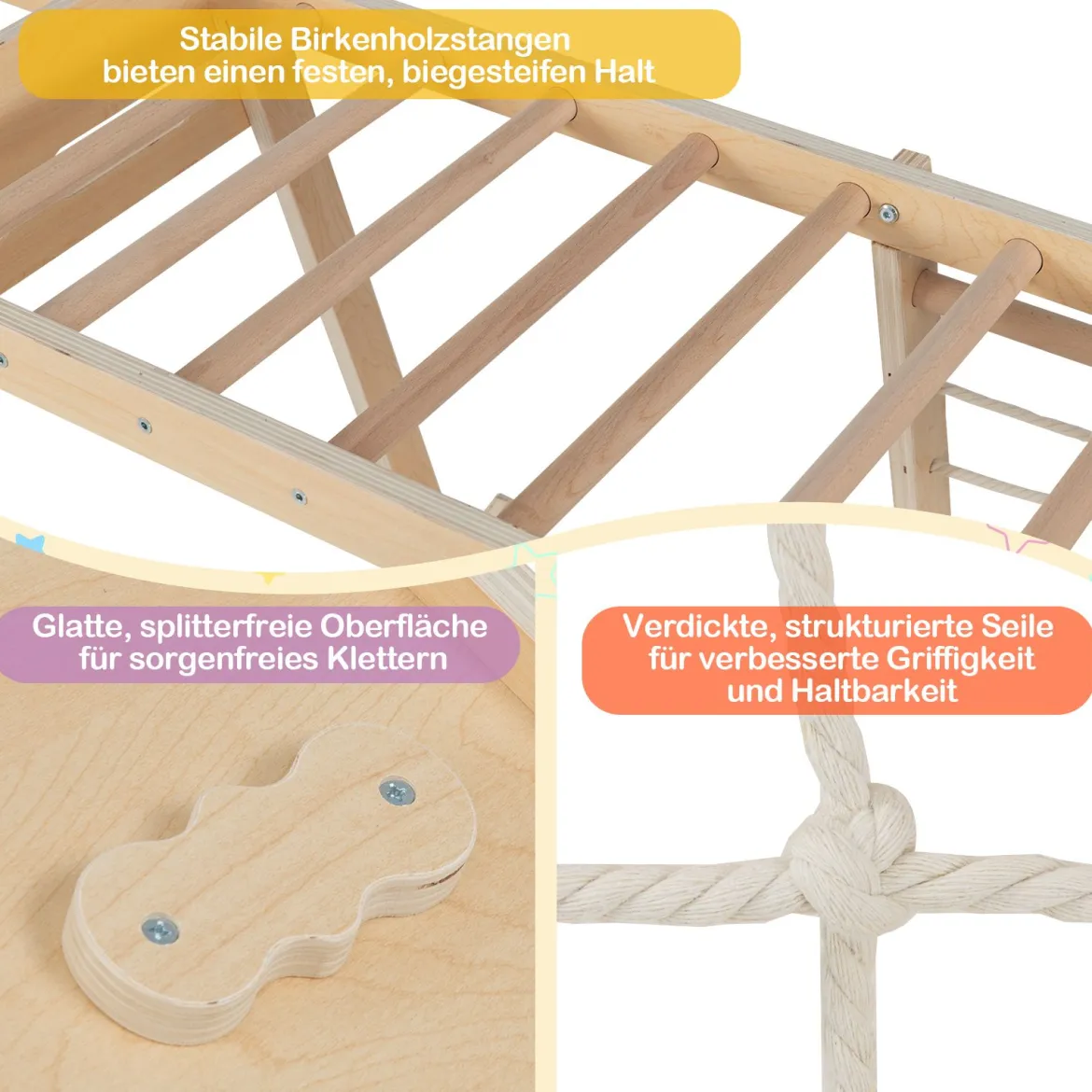 6-in-1 Indoor Klettergerüst Spielplatz mit Rutsche Kletterwand Basketballkorb Affenstange Seilnetz Natur