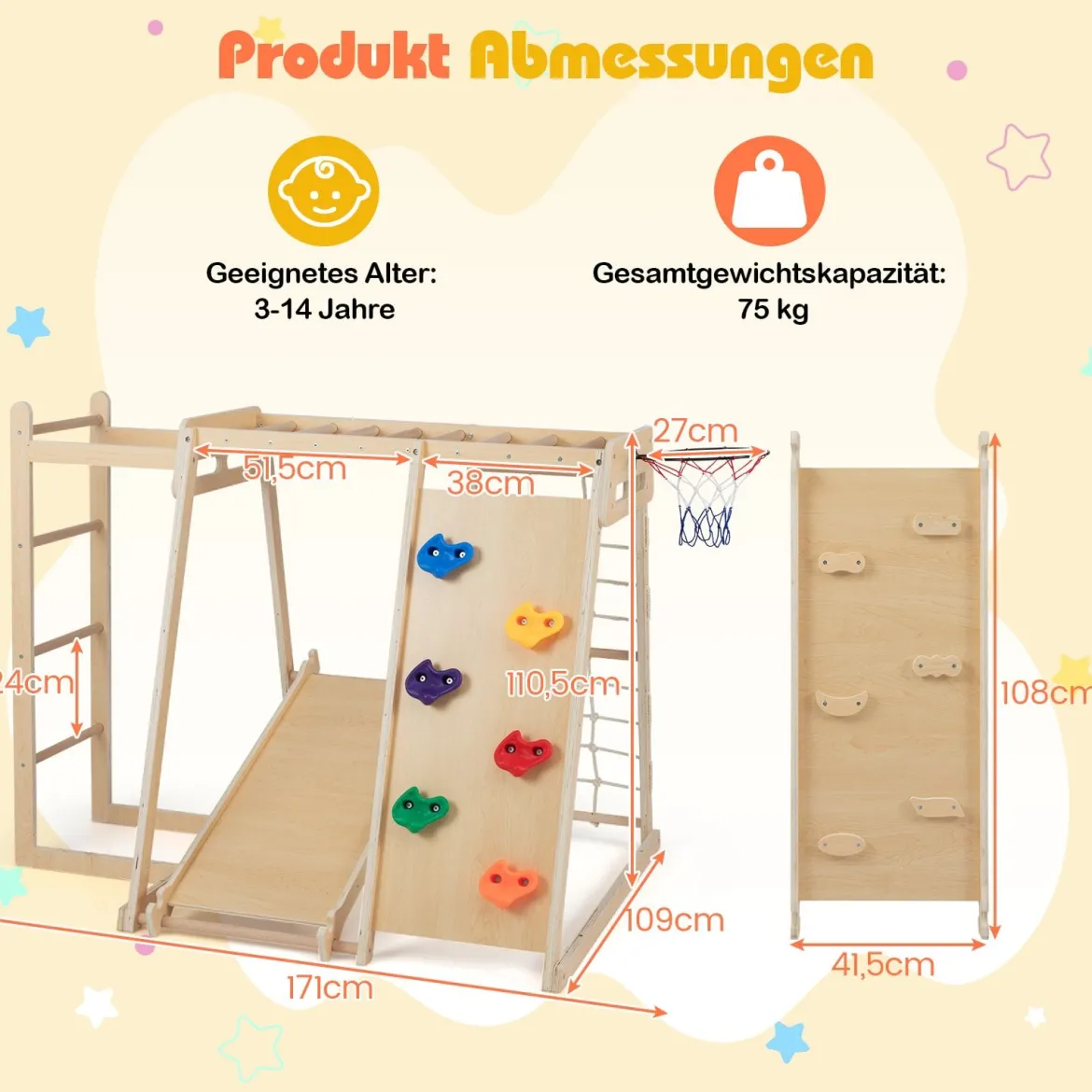 6-in-1 Indoor Klettergerüst Spielplatz mit Rutsche Kletterwand Basketballkorb Affenstange Seilnetz Natur