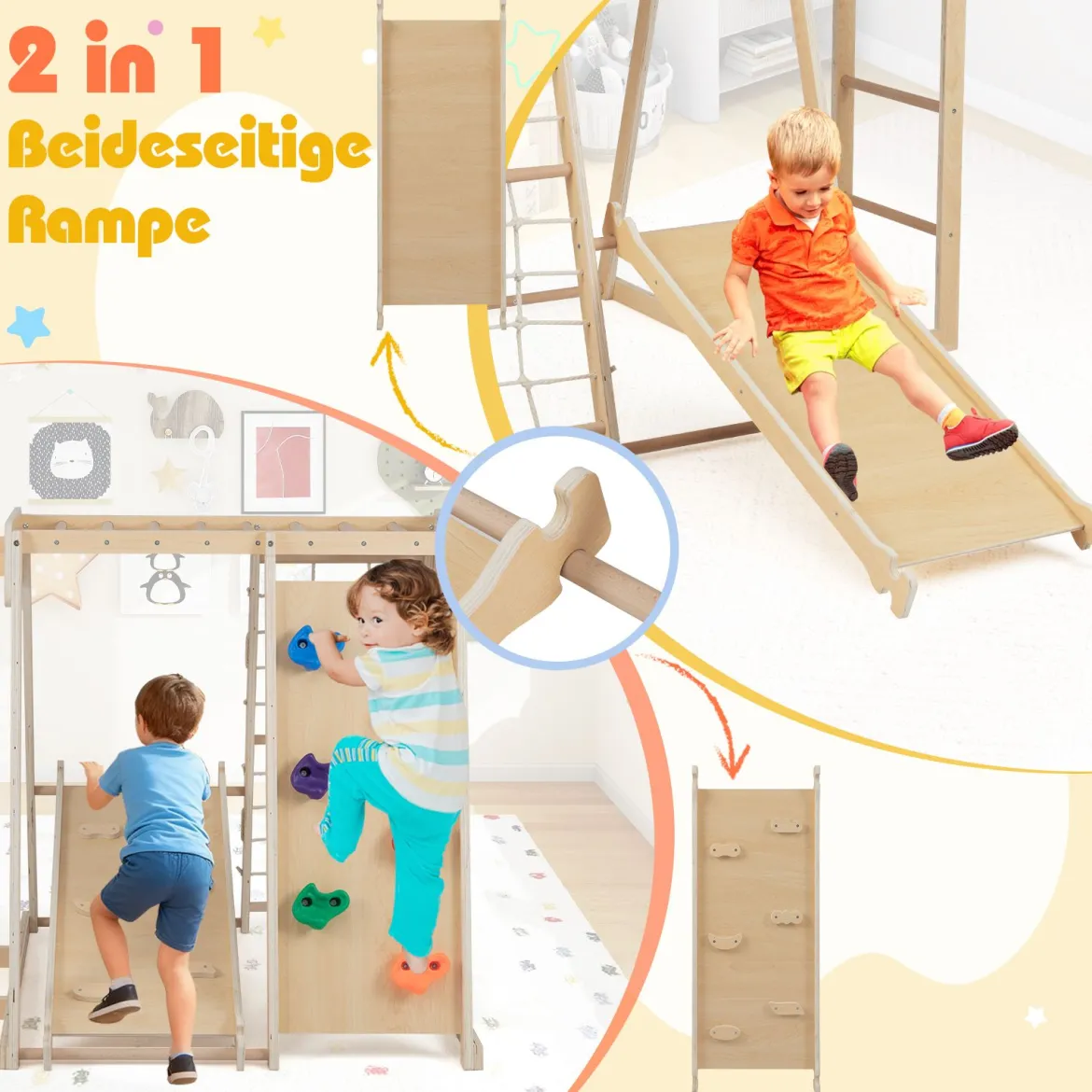 6-in-1 Indoor Klettergerüst Spielplatz mit Rutsche Kletterwand Basketballkorb Affenstange Seilnetz Natur