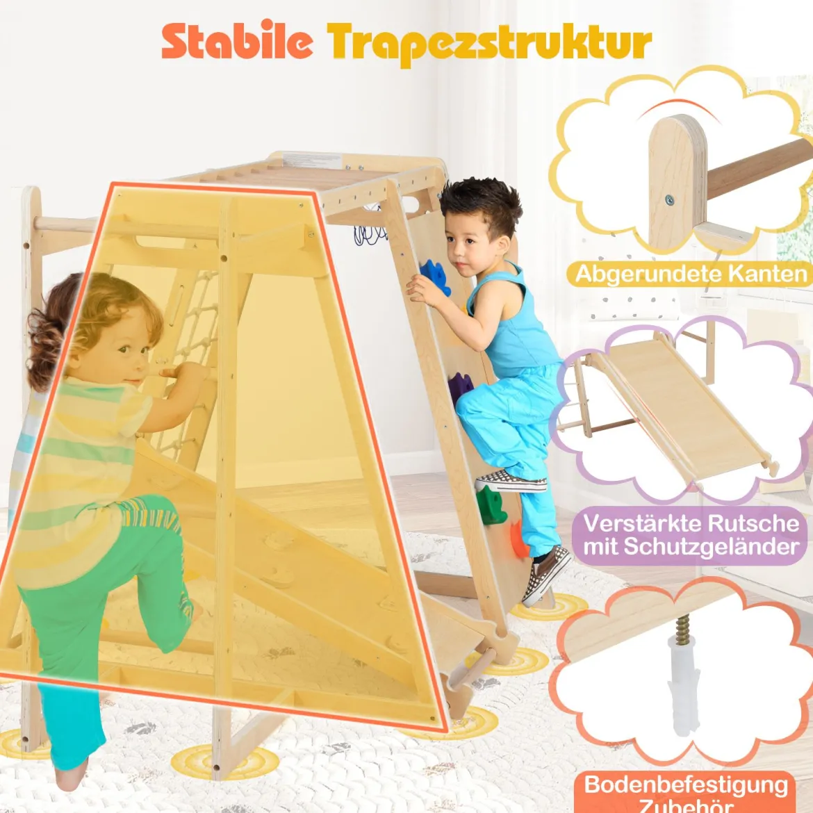 6-in-1 Indoor Klettergerüst Spielplatz mit Rutsche Kletterwand Basketballkorb Affenstange Seilnetz Natur