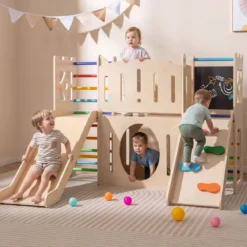 8-in-1 Indoor Spielplatz Holz mit Rutsche Kletterleiter Kletterrampe & Klettergerüst Mehrfarbig
