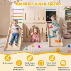 8-in-1 Indoor Spielplatz Holz mit Rutsche Kletterleiter Kletterrampe & Klettergerüst Mehrfarbig