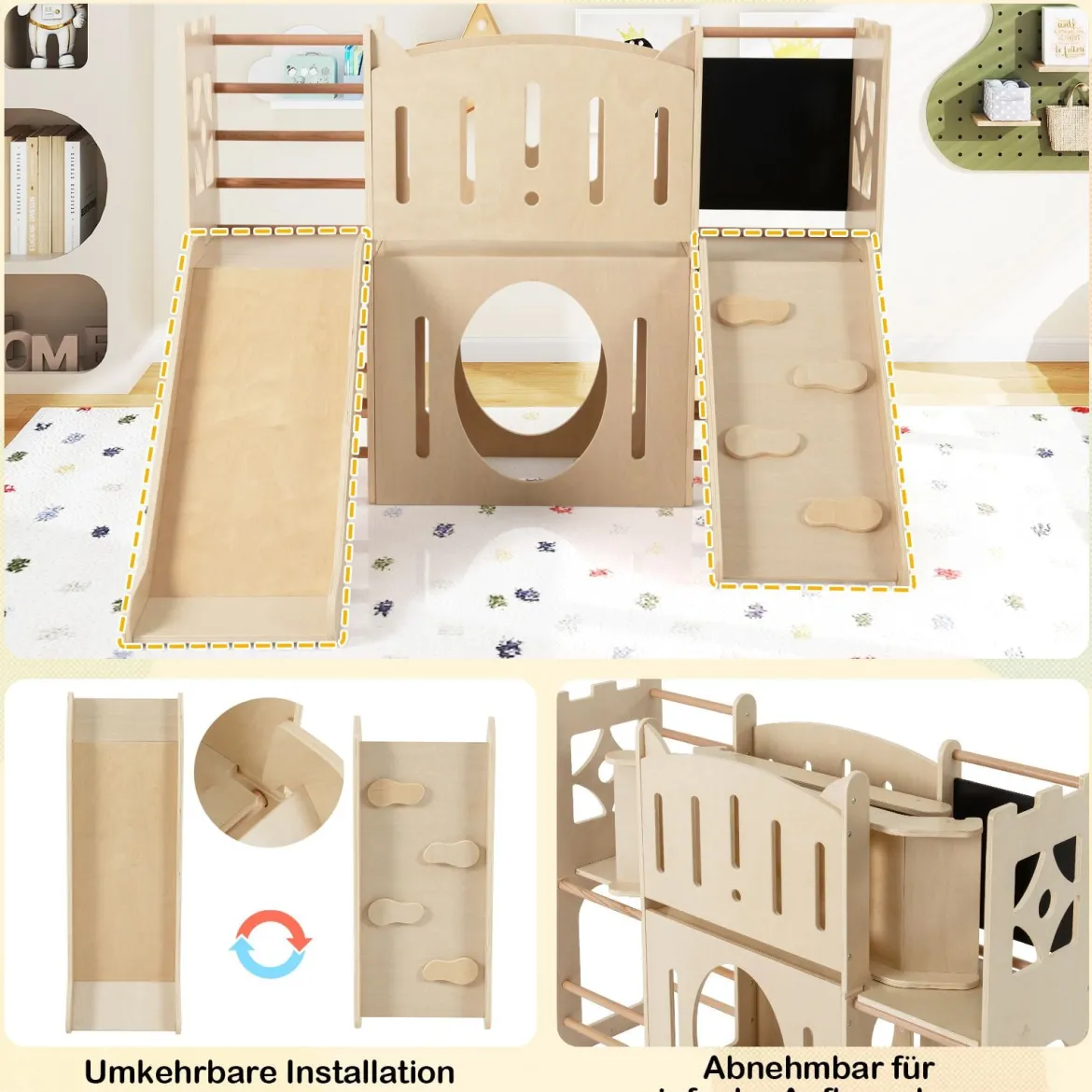 8-in-1 Indoor Spielplatz Holz mit Rutsche & Kletterleiter & Kletterrampe Kinder Rutsche mit Klettergerüst