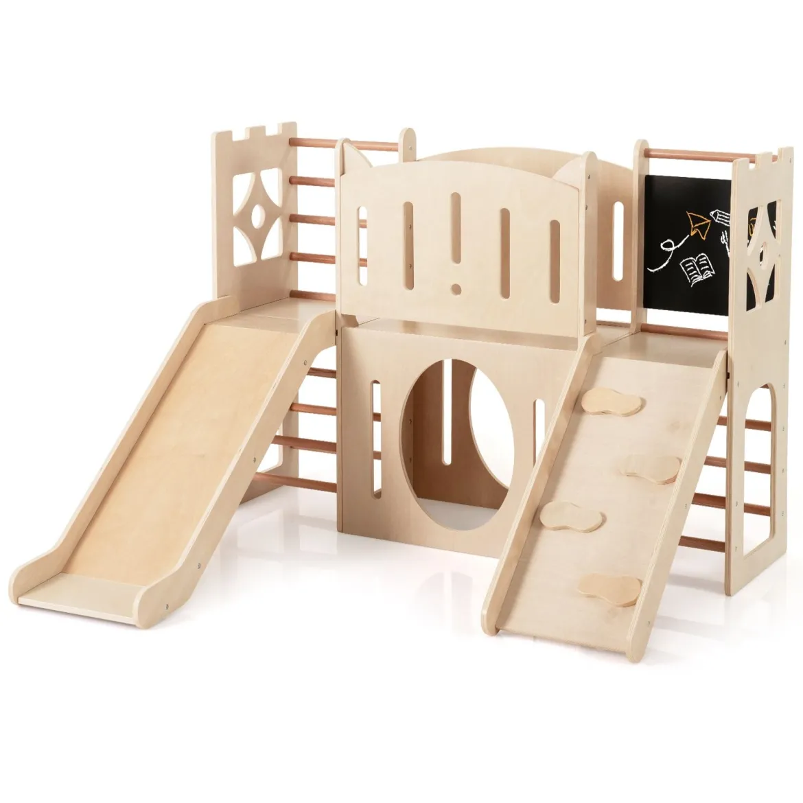 8-in-1 Indoor Spielplatz Holz mit Rutsche & Kletterleiter & Kletterrampe Kinder Rutsche mit Klettergerüst