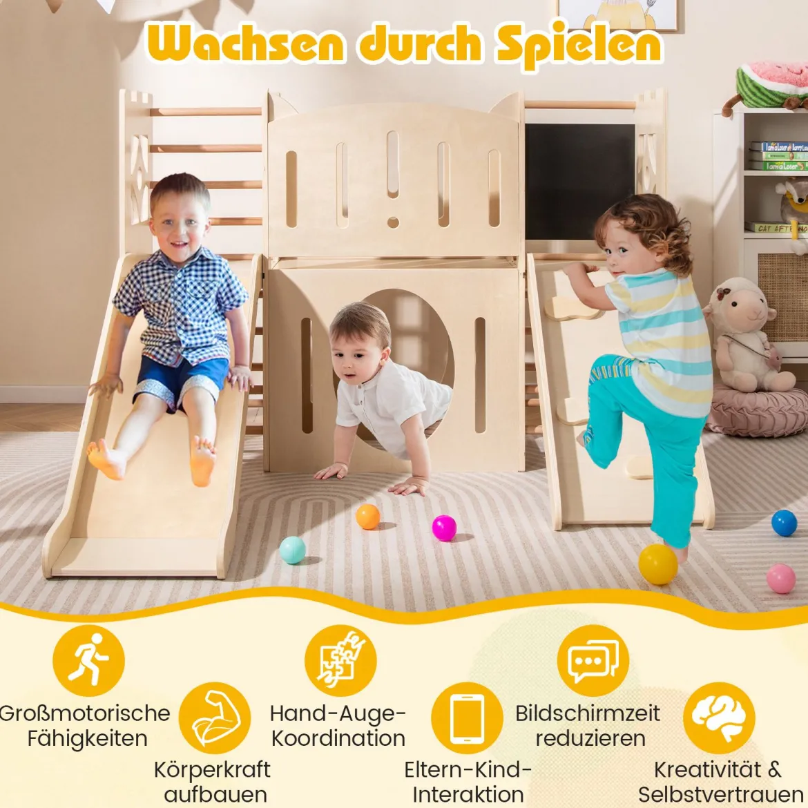 8-in-1 Indoor Spielplatz Holz mit Rutsche & Kletterleiter & Kletterrampe Kinder Rutsche mit Klettergerüst