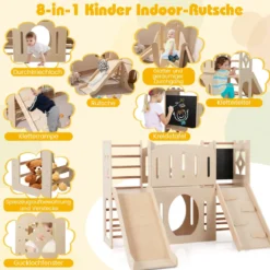 8-in-1 Indoor Spielplatz Holz mit Rutsche & Kletterleiter & Kletterrampe Kinder Rutsche mit Klettergerüst