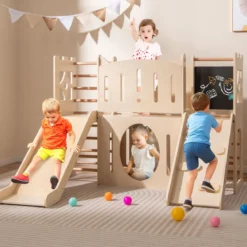 8-in-1 Indoor Spielplatz Holz mit Rutsche & Kletterleiter & Kletterrampe Kinder Rutsche mit Klettergerüst