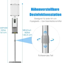 2 in 1 Infoständer Desinfektionsstation Automatischer Seifenspender 34 x 30 x 140,5 - 161 cm Silber