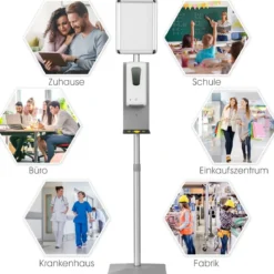 2 in 1 Infoständer Desinfektionsstation Automatischer Seifenspender 34 x 30 x 140,5 - 161 cm Silber