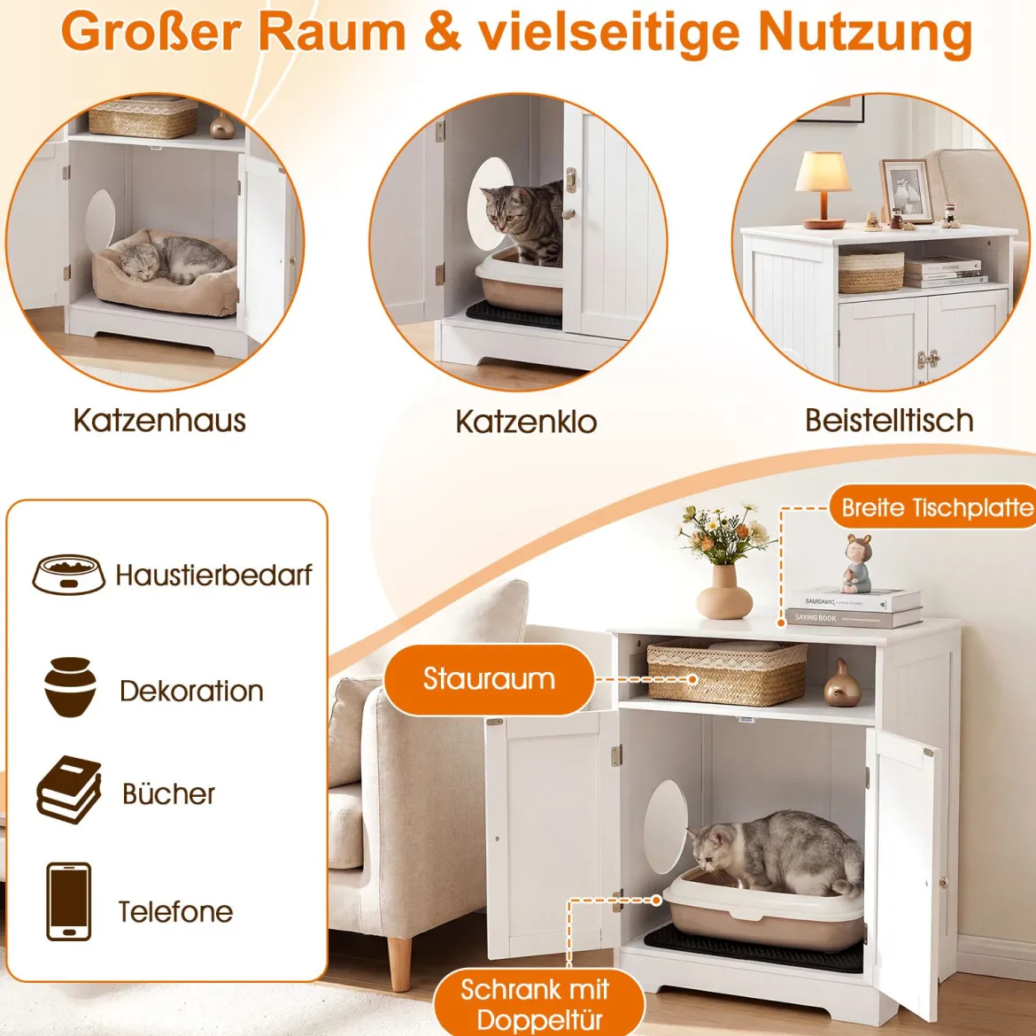3 in 1 Katzenhaus Katzentoilette Beistelltisch mit Streumatte & 2 Abschließbaren Türen & Eingang & Fach