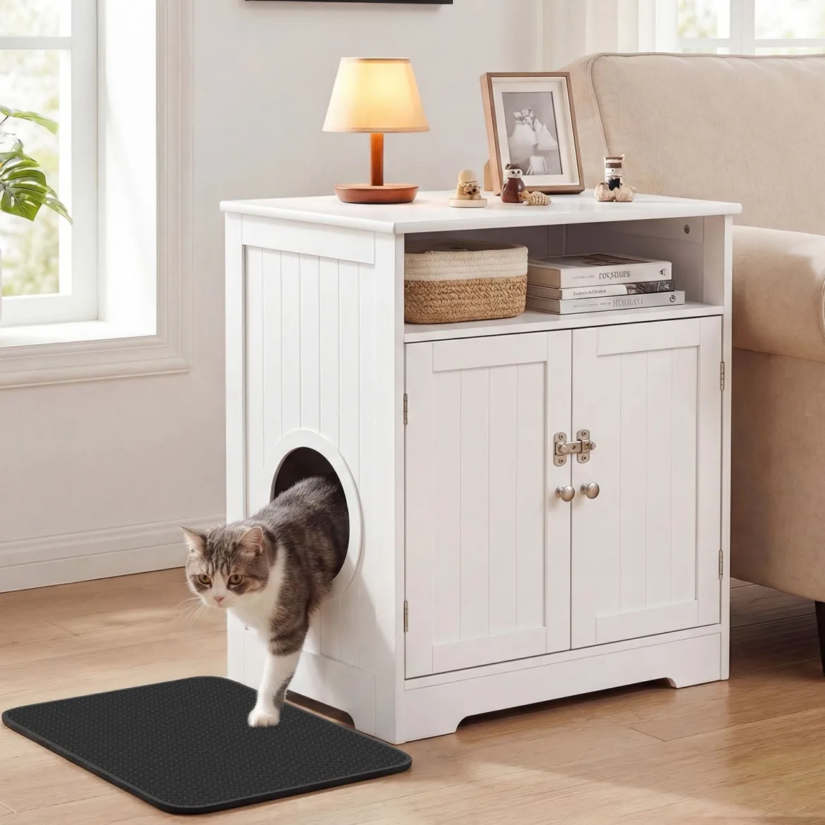3 in 1 Katzenhaus Katzentoilette Beistelltisch mit Streumatte & 2 Abschließbaren Türen & Eingang & Fach
