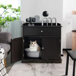 3 in 1 Katzenhaus Katzentoilette Beistelltisch mit Schublade & Tür & Eingang Katzenklo Braun