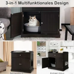 3 in 1 Katzenhaus Katzentoilette Beistelltisch mit Schublade & Tür & Eingang Katzenklo Braun