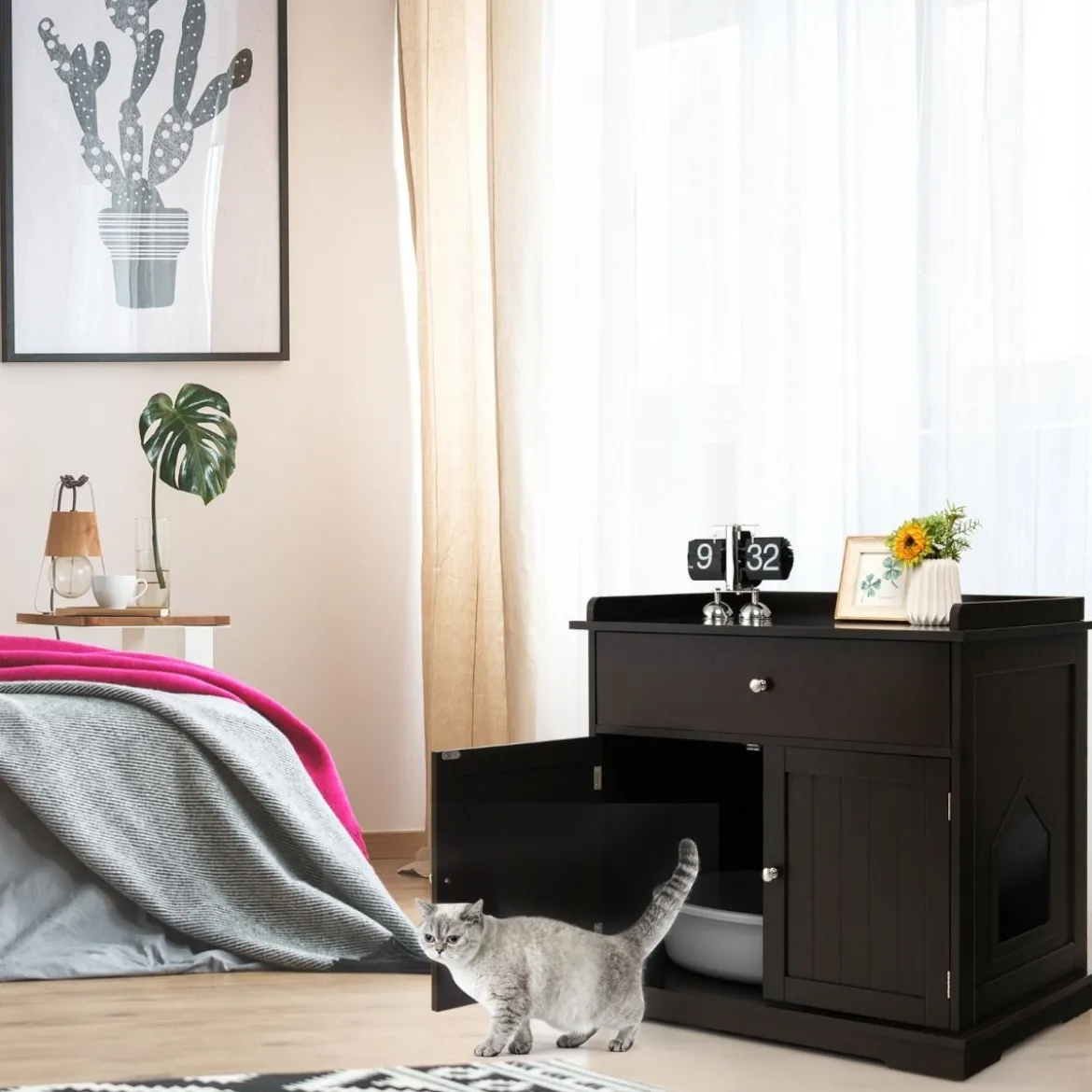 3 in 1 Katzenhaus Katzentoilette Beistelltisch mit Schublade & Tür & Eingang Katzenklo Braun