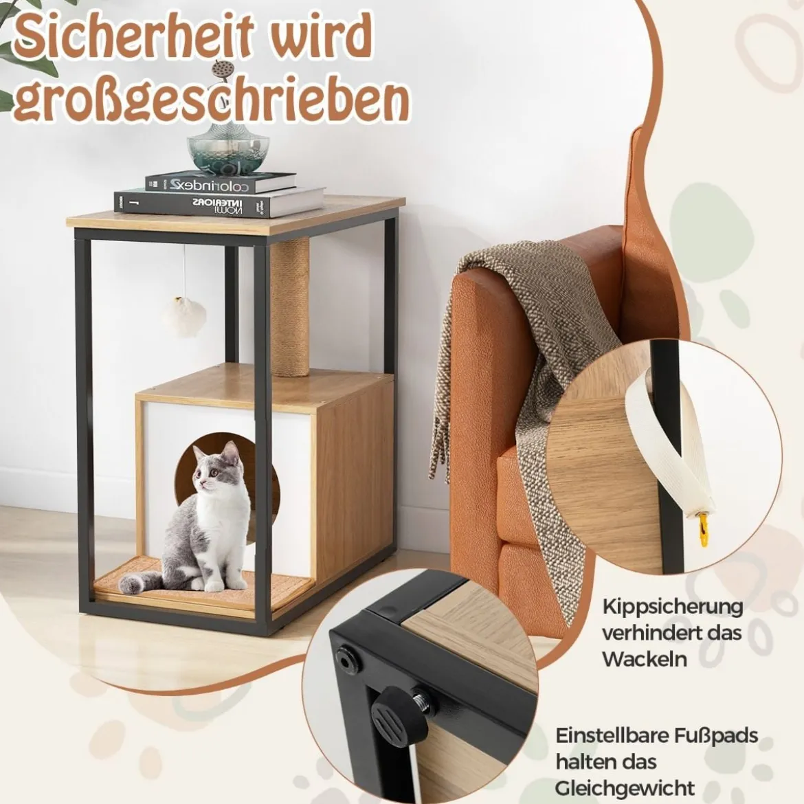 3 in 1 Katzenhaus & Kratzbaum & Beistelltisch Katzenhöhle mit Abnehmbarer Kratzmatte & Ball Natur