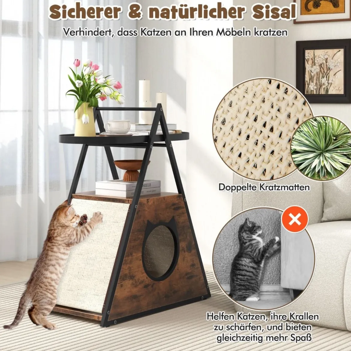 3 in 1 Katzenschrank Katzenhaus & Beistelltisch & Nachttisch mit Katzenhöhle & Kratzmatten