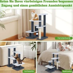 2-in-1 Katzenturm Katzentreppe mit Sisal-Kratzpfosten & 3 große Plattformen 4-stufiger Katzenbaum für hohes Bett Grau