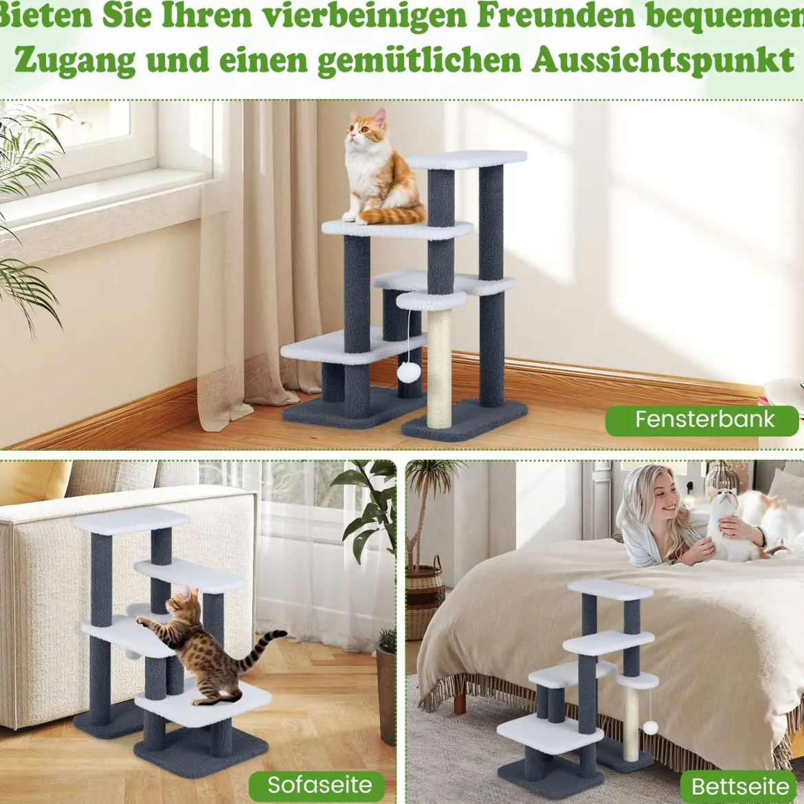 2-in-1 Katzenturm Katzentreppe mit Sisal-Kratzpfosten & 3 große Plattformen 4-stufiger Katzenbaum für hohes Bett Grau