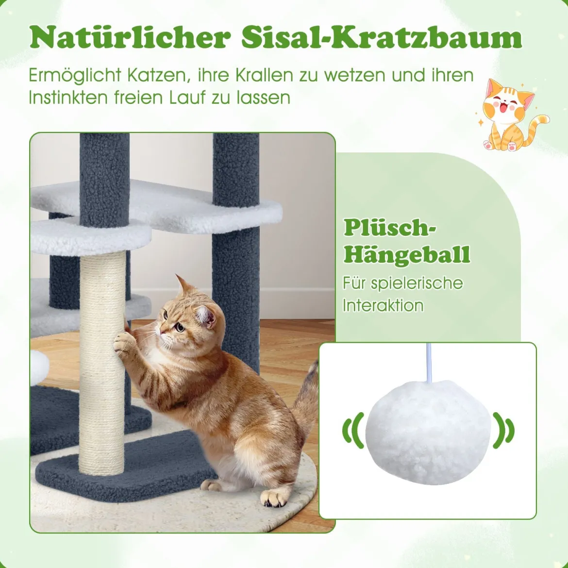 2-in-1 Katzenturm Katzentreppe mit Sisal-Kratzpfosten & 3 große Plattformen 4-stufiger Katzenbaum für hohes Bett Grau