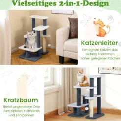 2-in-1 Katzenturm Katzentreppe mit Sisal-Kratzpfosten & 3 große Plattformen 4-stufiger Katzenbaum für hohes Bett Grau