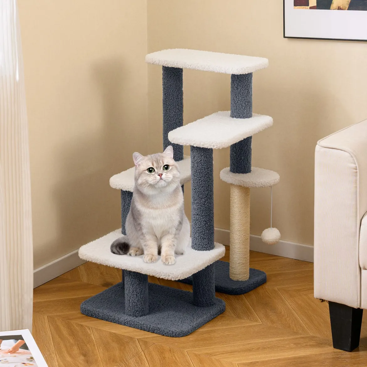 2-in-1 Katzenturm Katzentreppe mit Sisal-Kratzpfosten & 3 große Plattformen 4-stufiger Katzenbaum für hohes Bett Grau