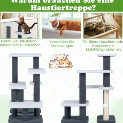 2-in-1 Katzenturm Katzentreppe mit Sisal-Kratzpfosten & 3 große Plattformen 4-stufiger Katzenbaum für hohes Bett Grau