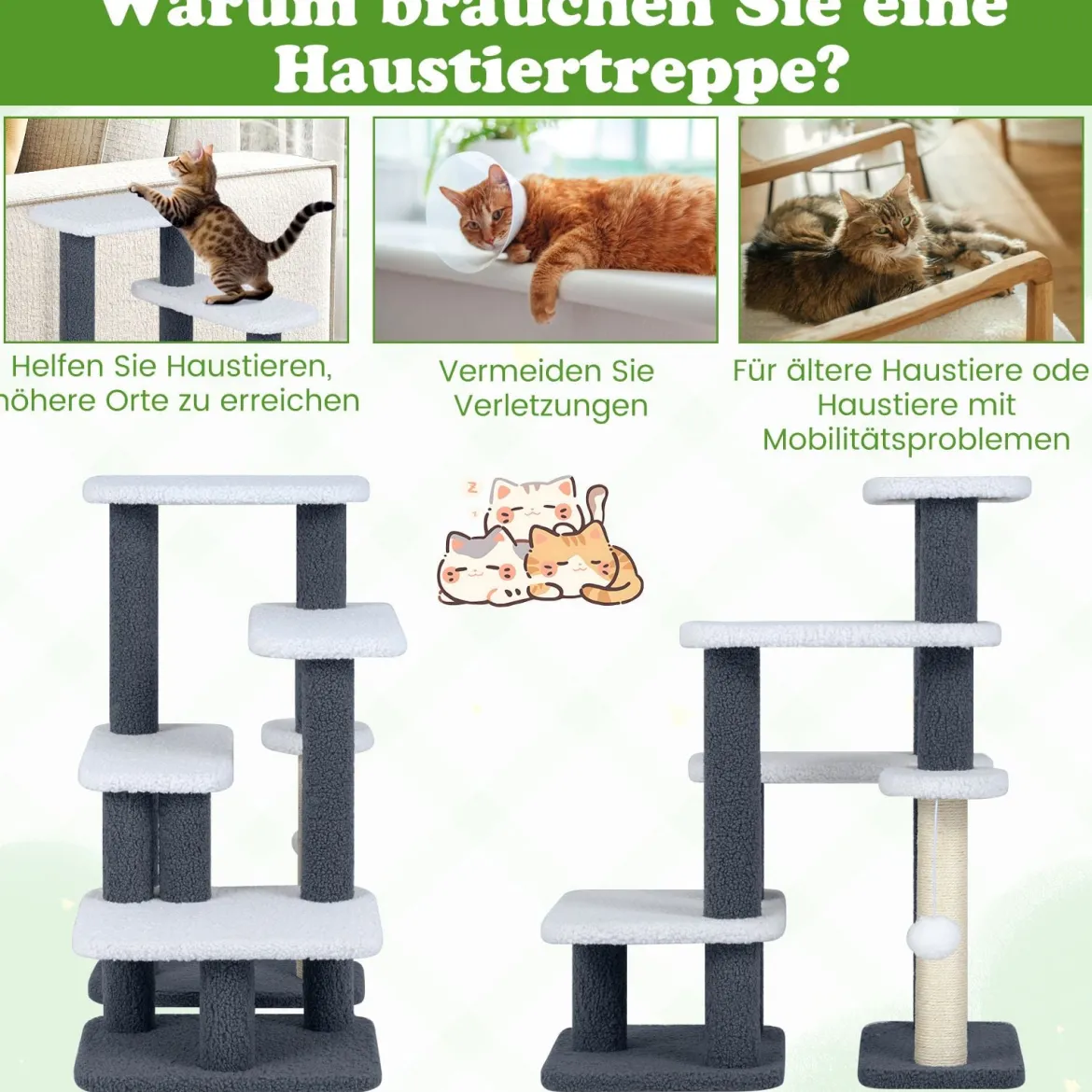 2-in-1 Katzenturm Katzentreppe mit Sisal-Kratzpfosten & 3 große Plattformen 4-stufiger Katzenbaum für hohes Bett Grau