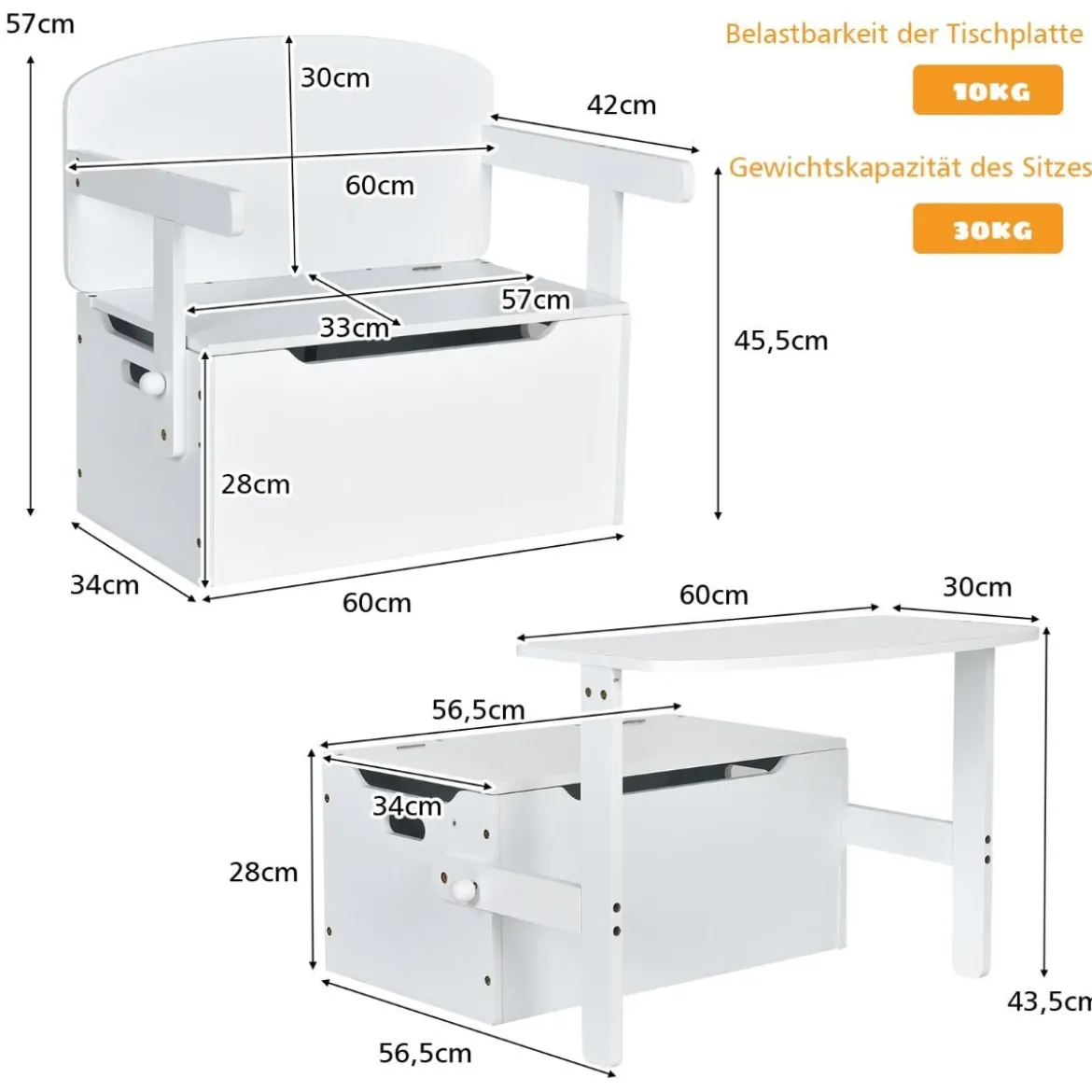 3 in 1 Kinder-Aktivitätstisch Set mit Schreibtisch & Sitzbank & Aufbewahrungsbox für Kindergarten Weiß