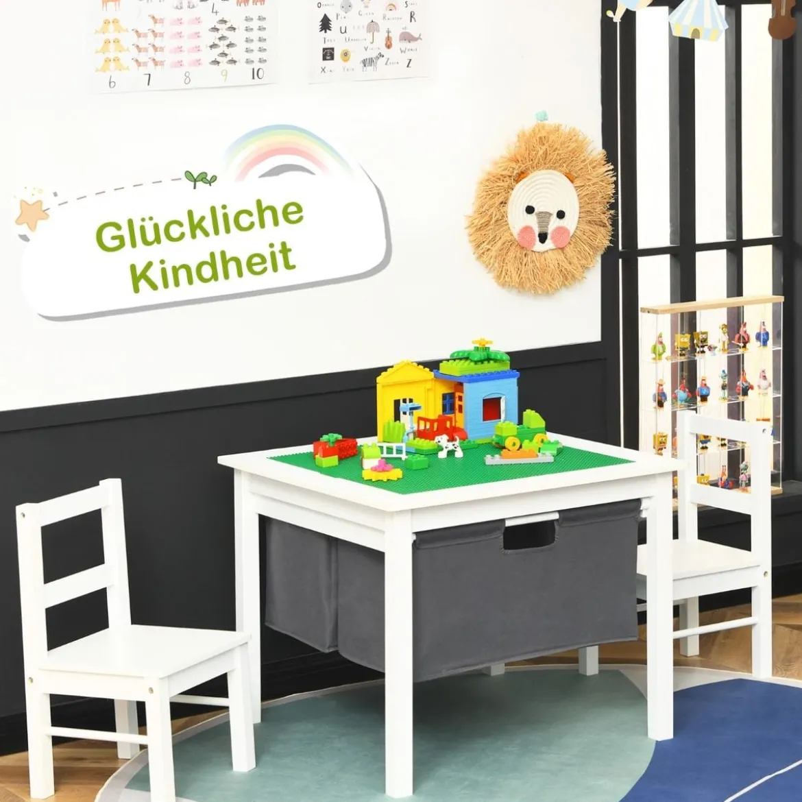 2-in-1-Kinder-Aktivtisch mit Stauraum und 2 Stühlen multifunktionales Basteltisch-Set für Kinder Weiß