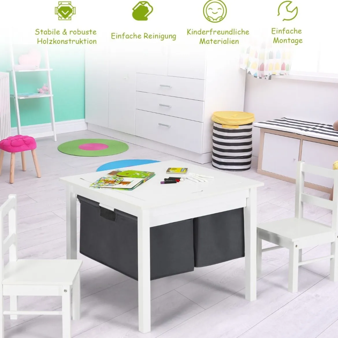 2-in-1-Kinder-Aktivtisch mit Stauraum und 2 Stühlen multifunktionales Basteltisch-Set für Kinder Weiß