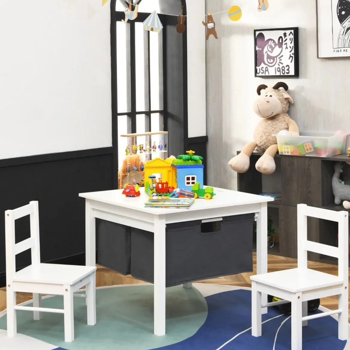 2-in-1-Kinder-Aktivtisch mit Stauraum und 2 Stühlen multifunktionales Basteltisch-Set für Kinder Weiß