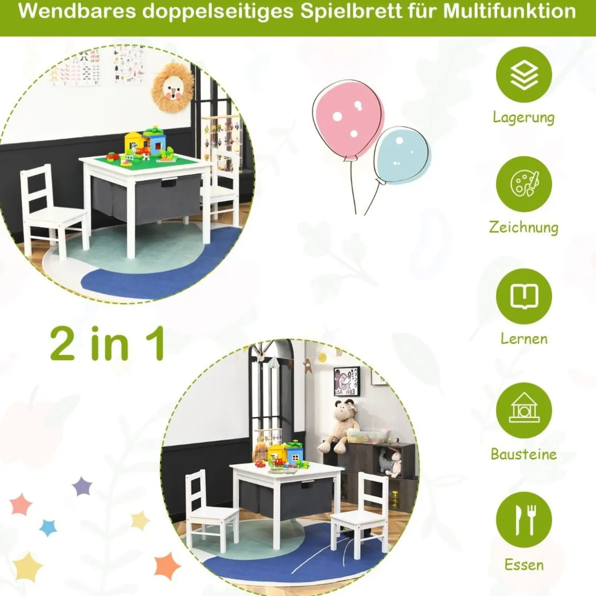 2-in-1-Kinder-Aktivtisch mit Stauraum und 2 Stühlen multifunktionales Basteltisch-Set für Kinder Weiß