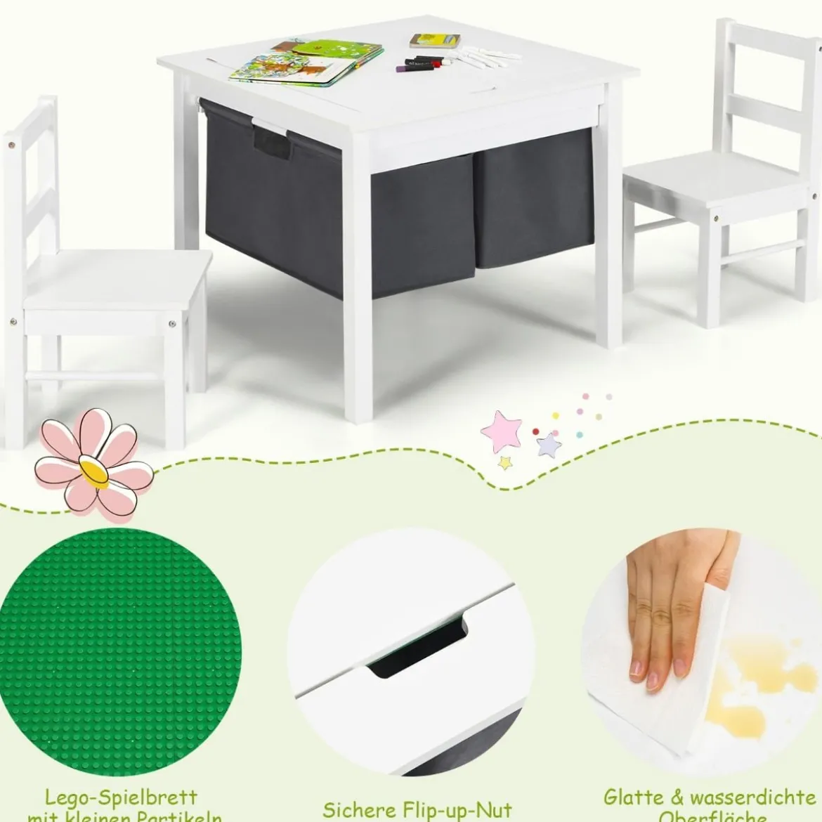 2-in-1-Kinder-Aktivtisch mit Stauraum und 2 Stühlen multifunktionales Basteltisch-Set für Kinder Weiß