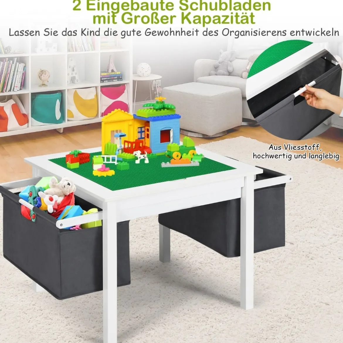 2-in-1-Kinder-Aktivtisch mit Stauraum und 2 Stühlen multifunktionales Basteltisch-Set für Kinder Weiß