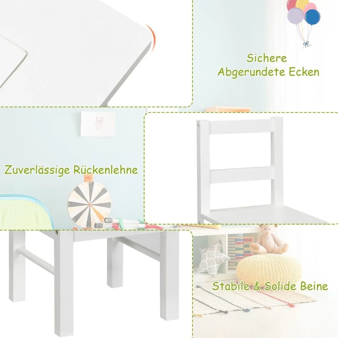 2-in-1-Kinder-Aktivtisch mit Stauraum und 2 Stühlen multifunktionales Basteltisch-Set für Kinder Weiß